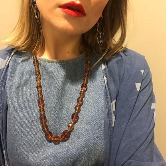 Vintage 20s Amber Color Glass Beaded Necklace - Picture 8 of 8